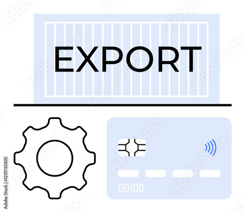 Cargo container labeled EXPORT, gear for industrial processes, and payment card signify global trade, financial transactions, and automated commerce. Ideal for logistics, trade, finance themes