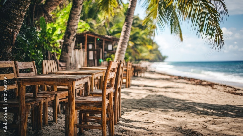 Beachfront restaurant with wooden tables and chairs under palm trees. Beachfront restaurant with wooden tables and chairs under palm trees.