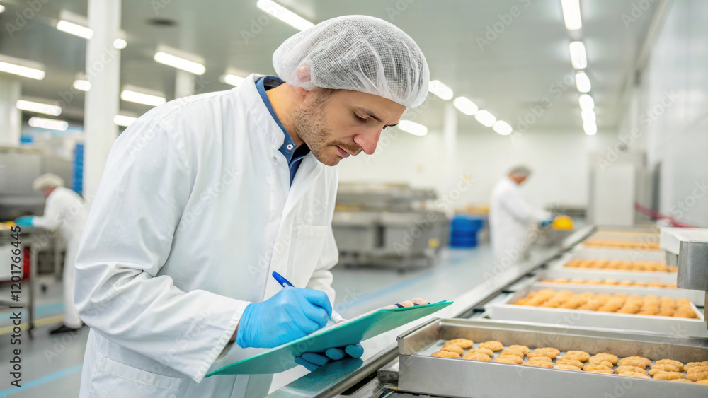© LOMOSONIC - Food inspector in sterile factory checking baked goods with gloves © LOMOSONIC - Food inspector in sterile factory checking baked goods with gloves
