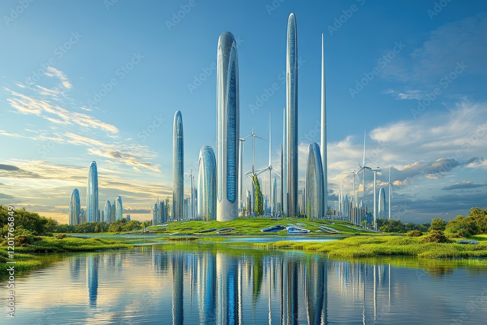 Futuristic Cityscape with Skyscrapers and Wind Turbines by a Serene Lake at Sunset Futuristic Cityscape with Skyscrapers and Wind Turbines by a Serene Lake at Sunset