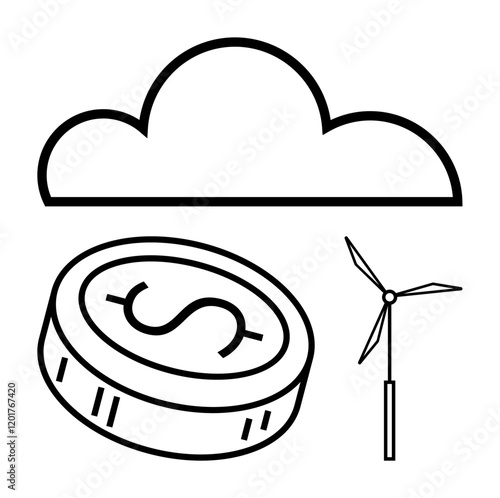 Cloud above dollar coin and wind turbine icon. Ideal for fintech, sustainability, cloud computing, environment, green energy, finance, technology themes. Line metaphor