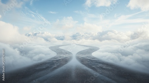 Serene road splitting above cloudscape.