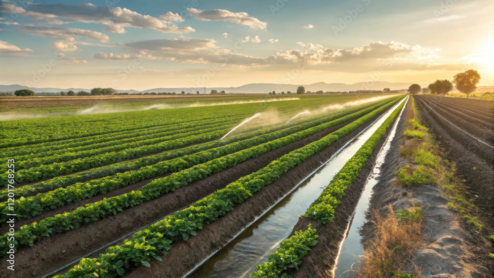 Modern agricultural field with clean irrigation and vibrant crops Modern agricultural field with clean irrigation and vibrant crops