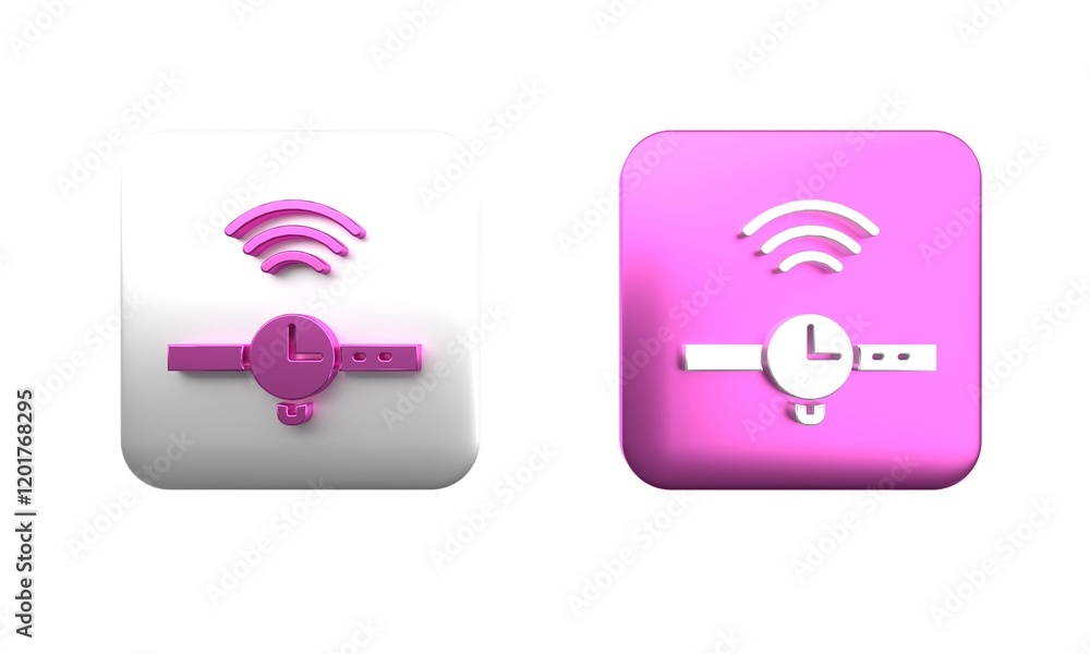 Colorful Smartwatch icon isolated on white background. Internet of things concept with wireless connection. Square button. 3D render illustration Colorful Smartwatch icon isolated on white background. Internet of things concept with wireless connection. Square button. 3D render illustration