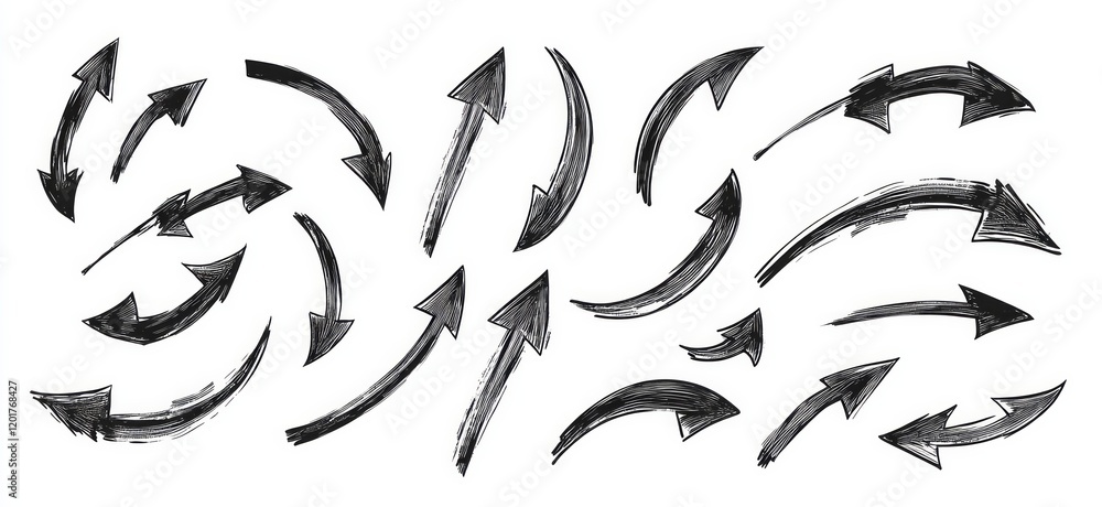 Hand-drawn vector collection of curved arrows isolated on a white background Hand-drawn vector collection of curved arrows isolated on a white background