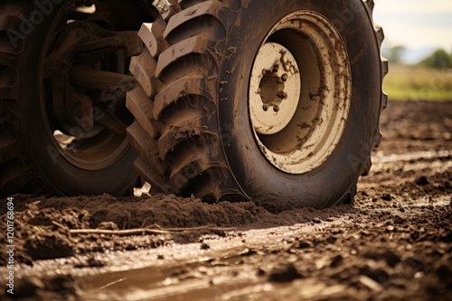 Close up of tractor tires sinking into wet soil, highlighting the challenges of farming in difficult conditions photo