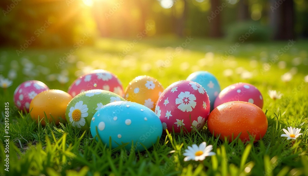 Colorful Easter Eggs on Spring Grass with Sunlight Colorful Easter Eggs on Spring Grass with Sunlight