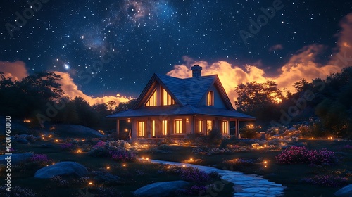 Starry Sky Embracing a Warm Welcoming Cottage photo