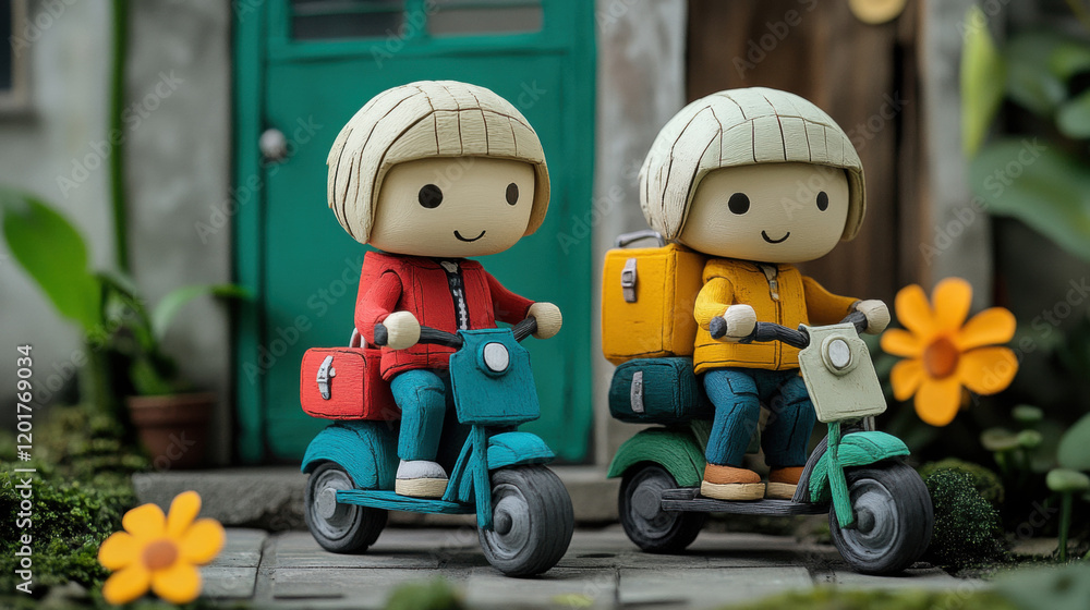 Fototapeta premium Relationship Claymation style, Two claymation characters joyfully riding scooters together, showcasing friendship and fun in a vibrant, high-fidelity image. Perfect for creative projects.