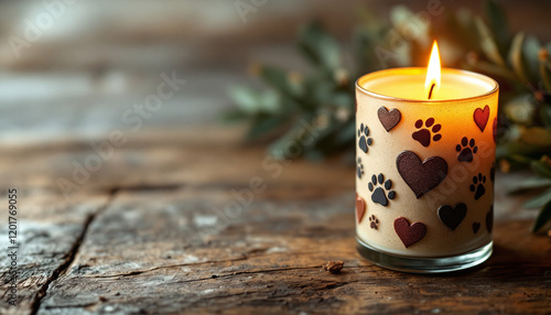Scented candle decorated with paw prints and hearts on rustic wooden table, warm glow