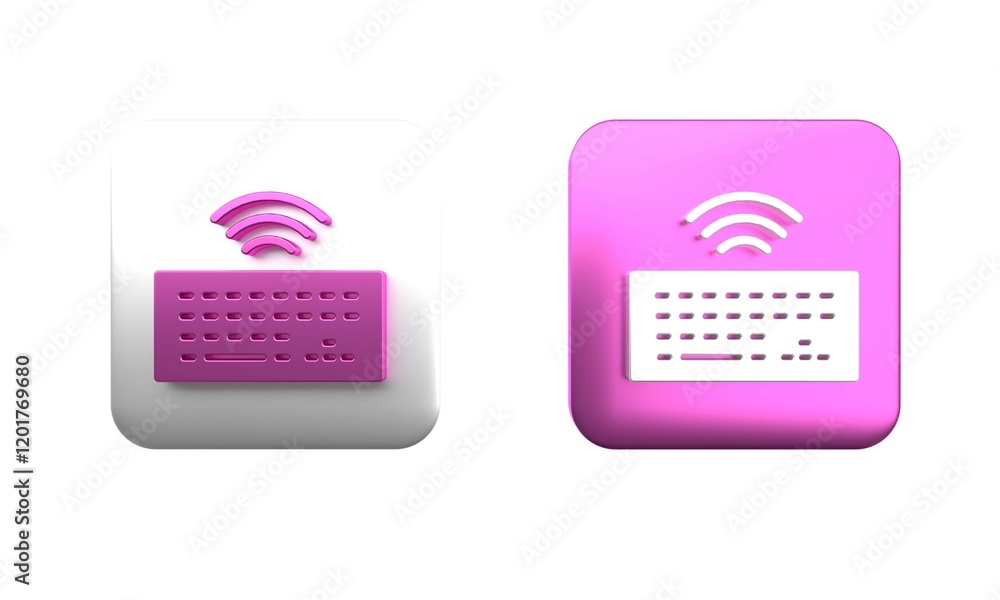 Colorful Wireless computer keyboard icon isolated on white background. PC component sign. Internet of things concept with wireless connection. Square button. 3D render illustration Colorful Wireless computer keyboard icon isolated on white background. PC component sign. Internet of things concept with wireless connection. Square button. 3D render illustration