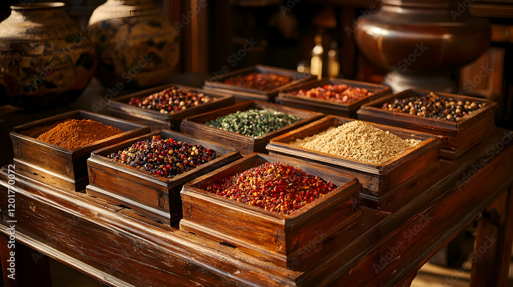 Fototapeta premium Exotic Spice Collection in Antique Wooden Boxes