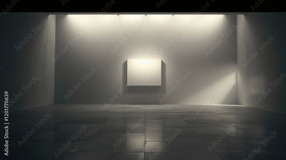 Minimalist Interior With A Single White Square In The Center Of A Wall And Spotlights Above Minimalist Interior With A Single White Square In The Center Of A Wall And Spotlights Above