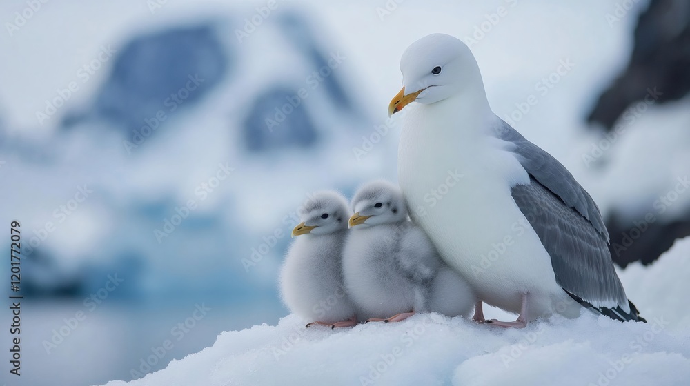 Obraz premium Glaucous gull protecting chicks in arctic landscape