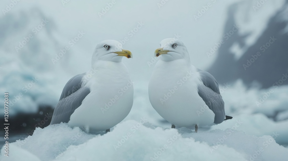 Two glaucous gulls standing on ice in svalbard, norway