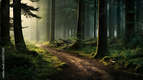 A photo of a misty forest path at dawn