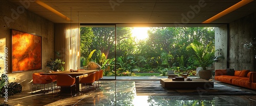 Wallpaper Mural Sunlit modern living room with jungle view. Torontodigital.ca