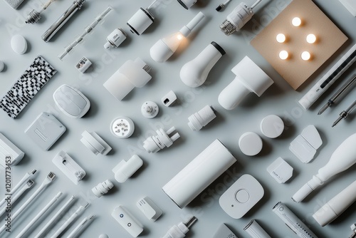 A creative flat lay of smart home devices: light bulbs, security cameras, and smart plugs arranged on a table photo