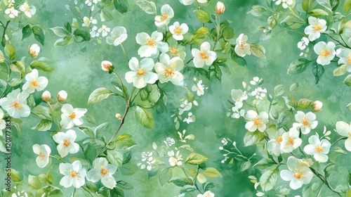 Watercolor Floral Pattern: White Blossoms and Green Leaves on Soft Green Background