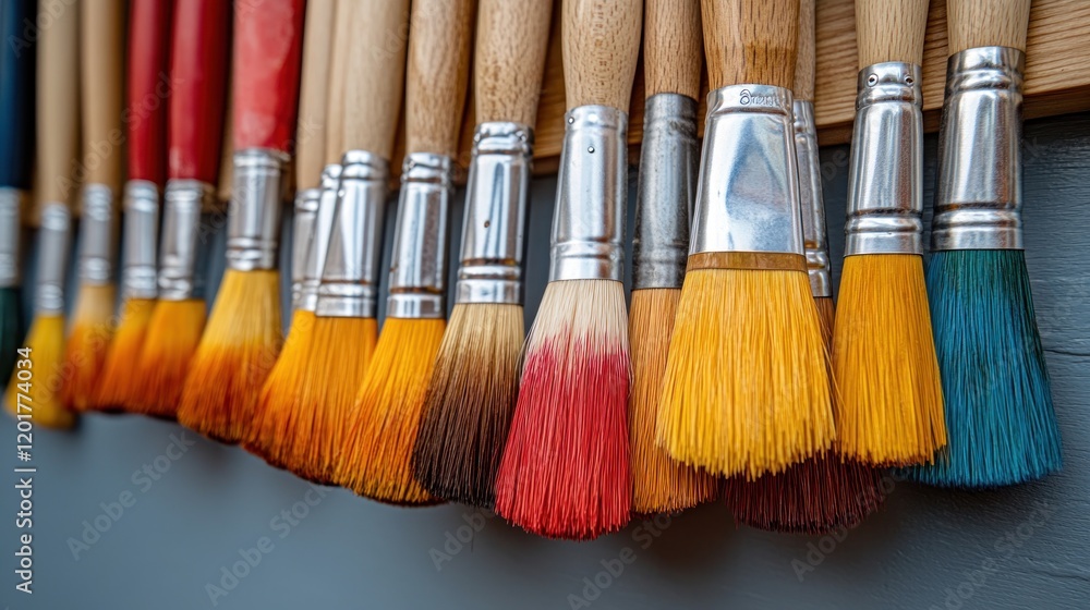 Fototapeta premium Colorful paintbrushes hanging on a wooden rack.