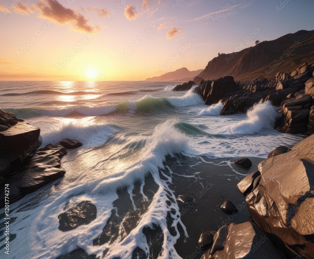 Obraz premium Chrome wavy ocean waves on a rocky coastline at sunset, wave, rocky coastline