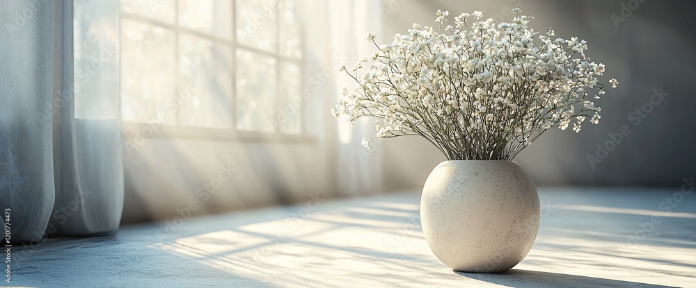 Sunlit room with white flowers in a vase near window. Sunlit room with white flowers in a vase near window.