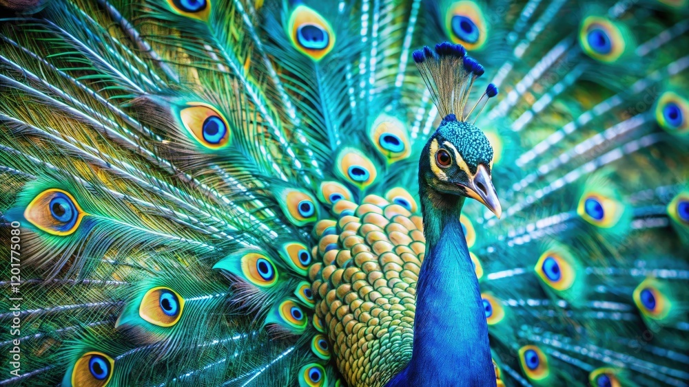 Obraz premium Close-up of a peacock spreading its vibrant feathers against the turquoise background, bird species, beautiful textures, tropical birds