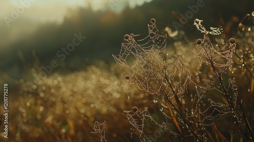 Dew-covered spiderwebs on autumn plants at sunrise.