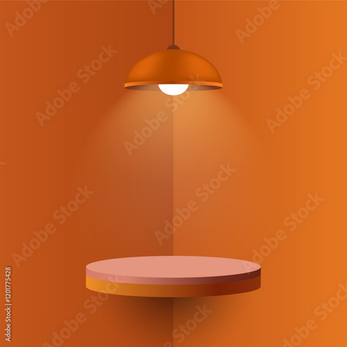 Orange pendant lamp illuminating a round floating shelf. Minimalistic interior design with soft shadows and warm light, cozy atmosphere, mockup design with spotlight effect
