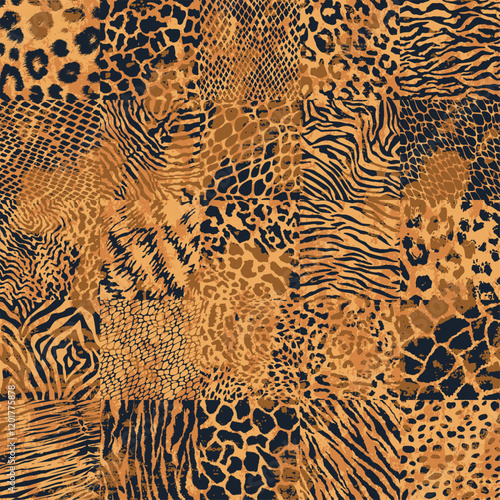 Checkered wild animals fur skin patchwork wallpaper abstract vector seamless pattern for fabric shirt cloth pillow carpet  tablecloth bedcover