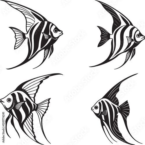 A vector image in black and white displaying three different angelfish silhouettes, highlighting their graceful shapes