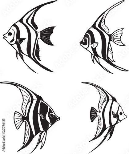 A vector image in black and white displaying three different angelfish silhouettes, highlighting their graceful shapes