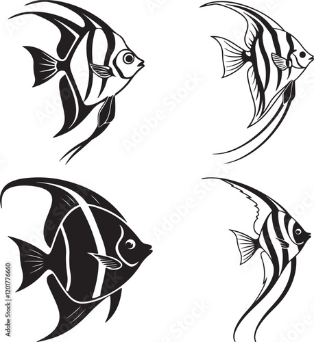 A vector image in black and white displaying three different angelfish silhouettes, highlighting their graceful shapes
