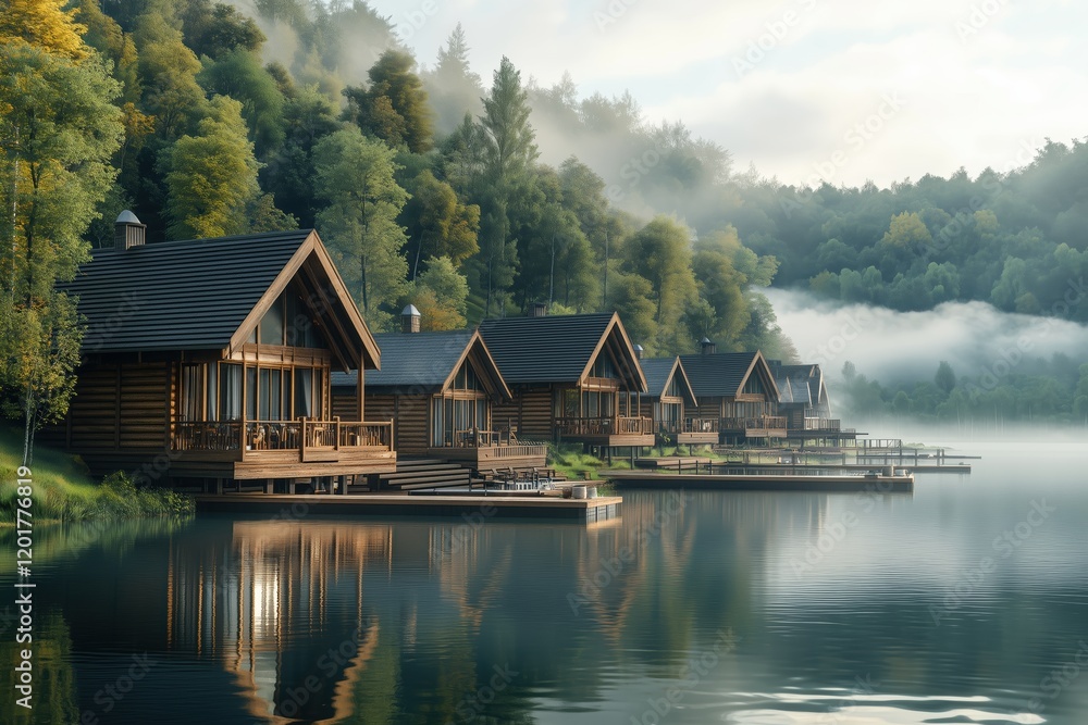 Naklejka premium Wooden chalets by the lake, surrounded by misty morning and calm water