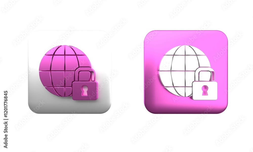 Colorful Global lockdown - locked globe icon isolated on white background. Square button. 3D render illustration Colorful Global lockdown - locked globe icon isolated on white background. Square button. 3D render illustration
