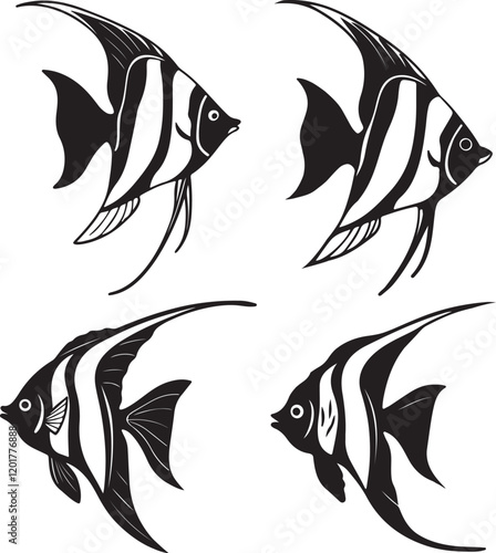 A vector image in black and white displaying three different angelfish silhouettes, highlighting their graceful shapes