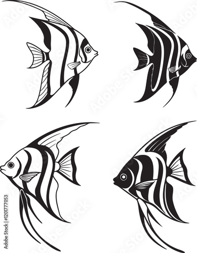 A vector image in black and white displaying three different angelfish silhouettes, highlighting their graceful shapes