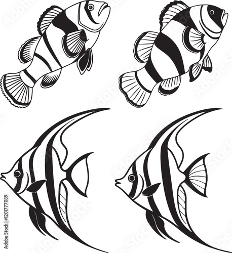 A vector image in black and white displaying three different angelfish silhouettes, highlighting their graceful shapes