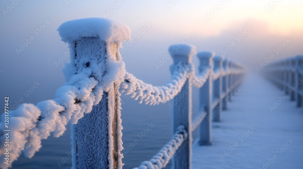 Fototapeta premium Frozen rope and railing covered with snow and ice crystals in winter wonderland