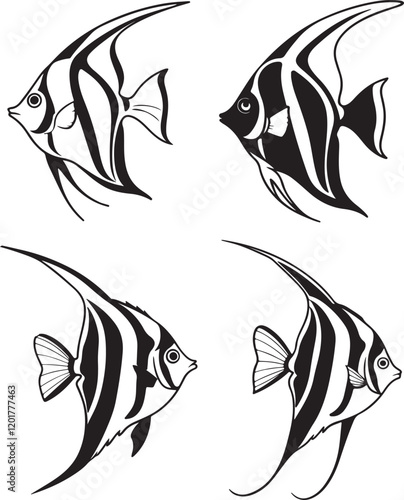 A vector image in black and white displaying three different angelfish silhouettes, highlighting their graceful shapes