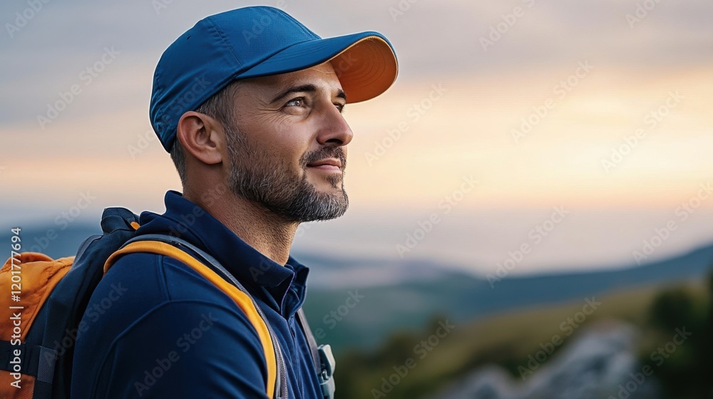 Outdoor Enthusiast Enjoying Scenic View Amidst Nature at Sunset with Calm Expressions and Backpack Outdoor Enthusiast Enjoying Scenic View Amidst Nature at Sunset with Calm Expressions and Backpack