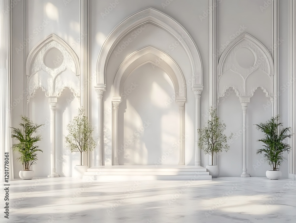 White Architectural Interior With Plants And Arches White Architectural Interior With Plants And Arches