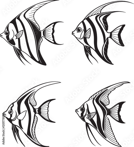 A vector image in black and white displaying three different angelfish silhouettes, highlighting their graceful shapes