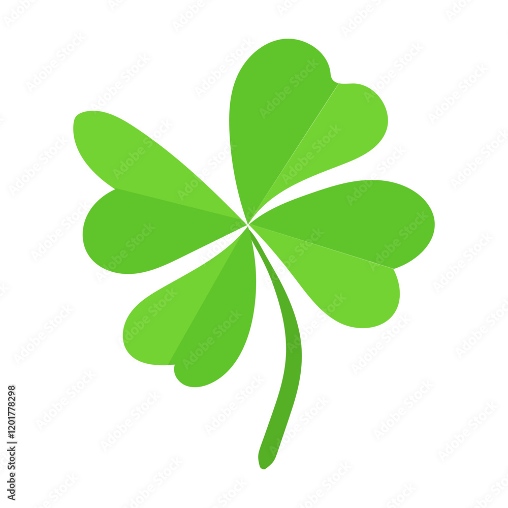 Four-leaf green clover with heart-shaped leaves isolated on a white background. Simple flat illustration. St. Patrick's Day and luck symbol concept Four-leaf green clover with heart-shaped leaves isolated on a white background. Simple flat illustration. St. Patrick's Day and luck symbol concept