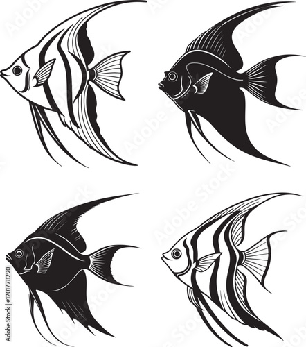 A vector image in black and white displaying three different angelfish silhouettes, highlighting their graceful shapes
