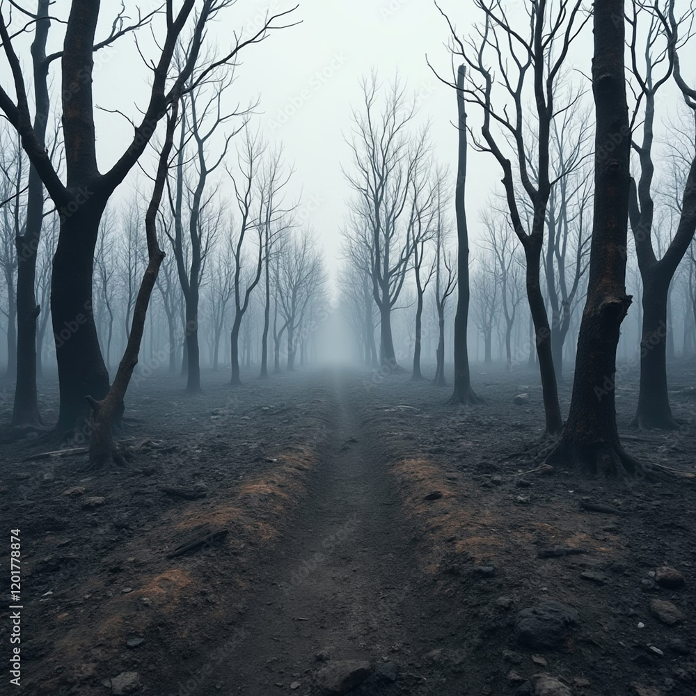 A somber depiction of a forest's remains after a wildfire, highlighting the scale of destruction. The lifeless trees and ash-covered ground evoke a sense of loss and environmental devastation. A somber depiction of a forest's remains after a wildfire, highlighting the scale of destruction. The lifeless trees and ash-covered ground evoke a sense of loss and environmental devastation.