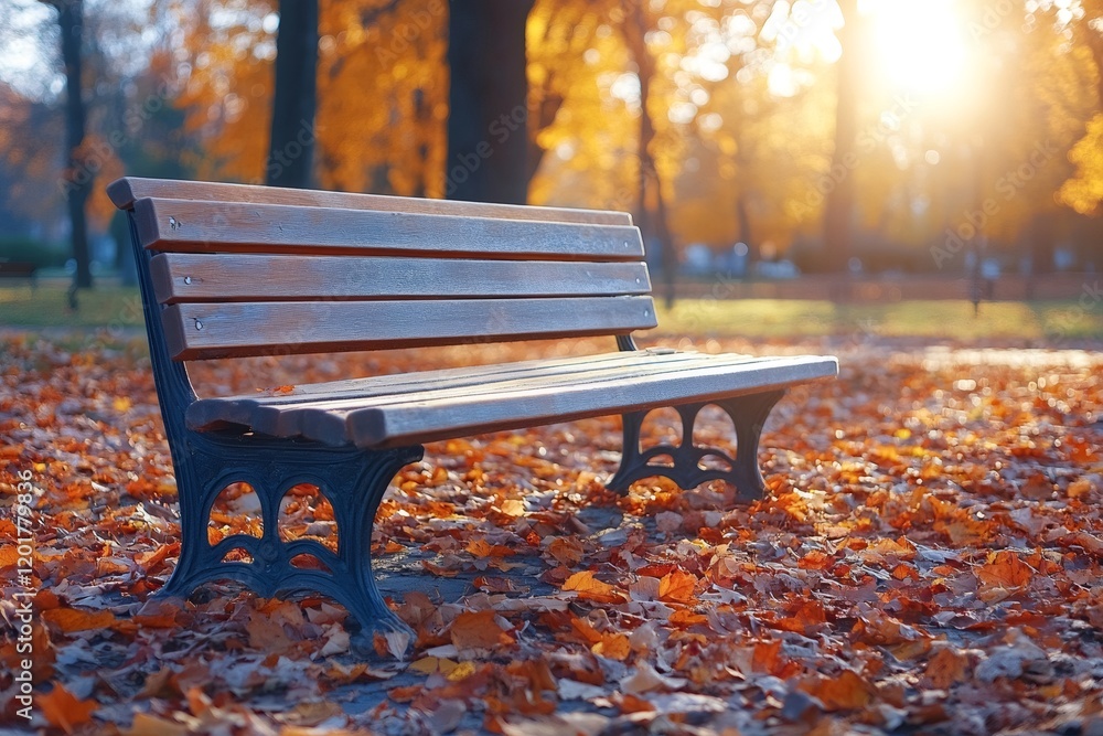 Empty bench is waiting in autumn park at sunset Empty bench is waiting in autumn park at sunset