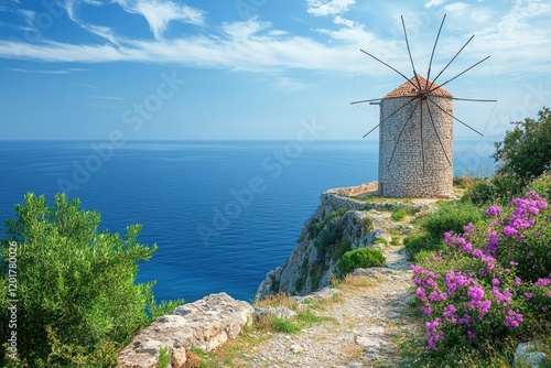 Traditional windmill overlooking picturesque ionian sea in greece photo