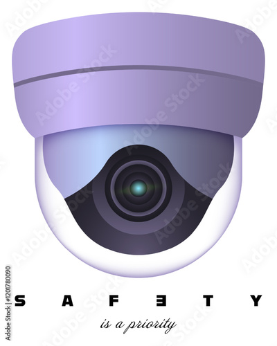 Security. Purple dome surveillance camera with modern design and text emphasizing safety as a priority. Monitoring, protection, safety systems, video surveillance, advanced security technology