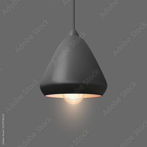 Lighting. Modern black cone-shaped pendant lamp with a glowing light bulb. Contemporary lighting, interior design, warm illumination, home decor, and functional minimalist style for spaces